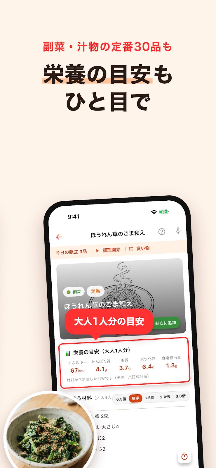 副菜・汁物の定番30品と、栄養の目安の表示